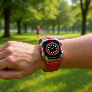 Montre connectée Myrva T500 Plus rouge avec bracelet en cuir véritable, boîtier en acier inoxydable 41-43 mm, écran tactile OLED, résistance à l'eau IPX7 - Product Image 2