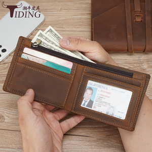 Tiding Retro Genuine Leather Short <b>Wallet</b> <b>RFID</b> Protection Men's Everyday Use Solid Color Laser Logo - Product Image 3