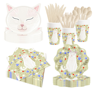 DAMAI Nuevo Juego de Platos, Vasos y Servilletas Desechables de Papel con Diseño de Gato Blanco y Ondas Verdes - Product Image 1