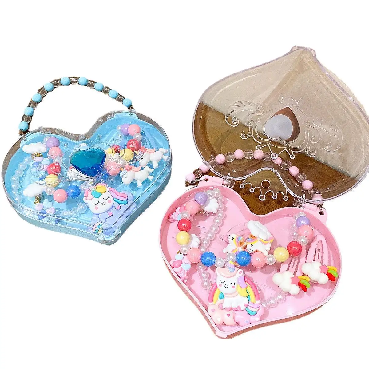 Botu Children's Jewelry Set Hairpin Earrings Necklace Ring Heart Carrying Box Little Girl Princess Hair Ties Accessories