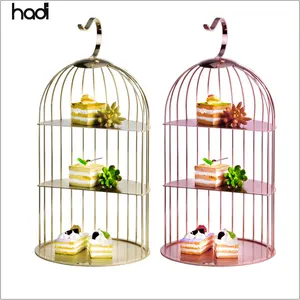 Yubao buffet 3 tier decorative hanging bird cage stands fancy copper and gold stainless steel bird cage afternoon tea with stand