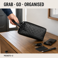 Pochette de toilette en cuir PU tissé avec sangle de transport et fermeture éclair, grande capacité, pour femmes et hommes