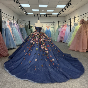 Abito da Quinceañera Jancember 1570 di Lusso <span class=keywords><strong>Blu</strong></span> Navy con Ricami Floreali 3D, Vestito da Ballo in Tulle Scintillante - Product Image 3