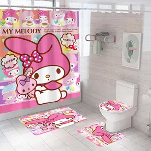 Moderne Modedesigner rosa Katze Kitty Polyester wasserdichte Bad-Duschvorhänge mit Matten für Kinder