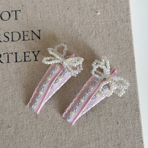 2pcs/Set Spring Floral Embroidered Pearl Bowknot Metal & Fabric <b>Hair</b> Clips for Women & Girls-Elegant Side Clips Bangs Wedding - Product Image 5