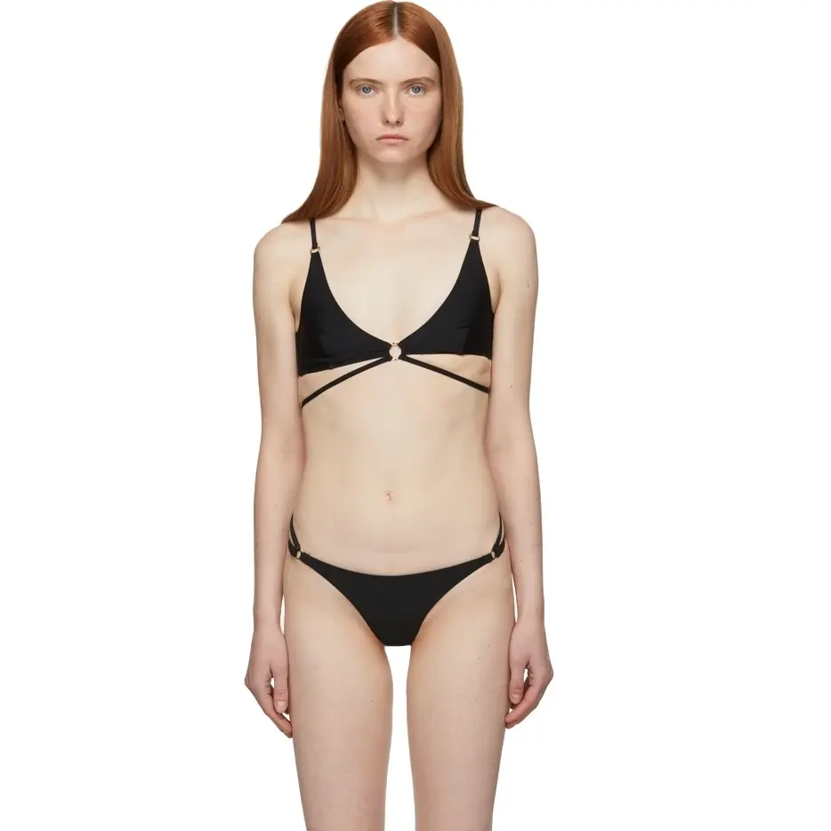 Solid black two pieces swimwear adjustable straps top low rise cheeky bottom women's sexy bikini
