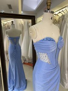 2026 elegante corsé azul polvoriento vestido de noche vestido de diamantes de imitación bordado transparente decorado Formal con cintura Natural - Product Image 6