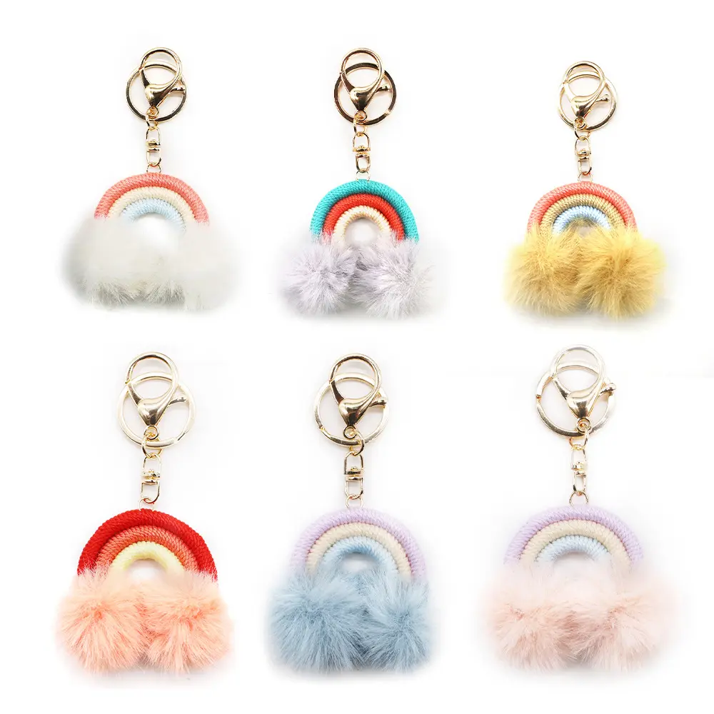 Hete Verkoop Groothandel Mode Pluche Pom Sleutelhanger Macrame Regenboog Vorm Handgeweven Katoen Metalen Sleutelhanger