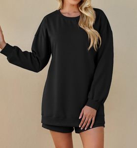 Conjunto de 2 piezas de sudadera y pantalones cortos de punto para mujer, cuello redondo, manga larga, color negro liso, corte holgado, ropa informal para todas las estaciones - Product Image 3