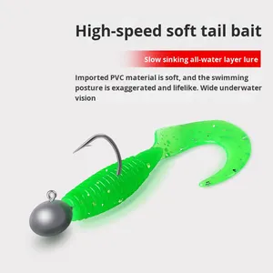 OEM 50-pezzi T-Tail Soft Worm Texas Rig esca con coda filettata in PVC esca finta con esca a testa di piombo per mandarino pesce persico - Product Image 3