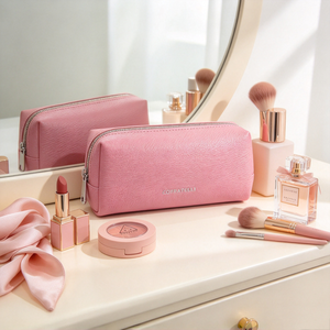 Pink Faux Leather Cosmetic Pouch, Portable Travel Makeup <b>Bag</b> With <b>Zipper</b> For Daily <b>Storage</b> - Product Image 4