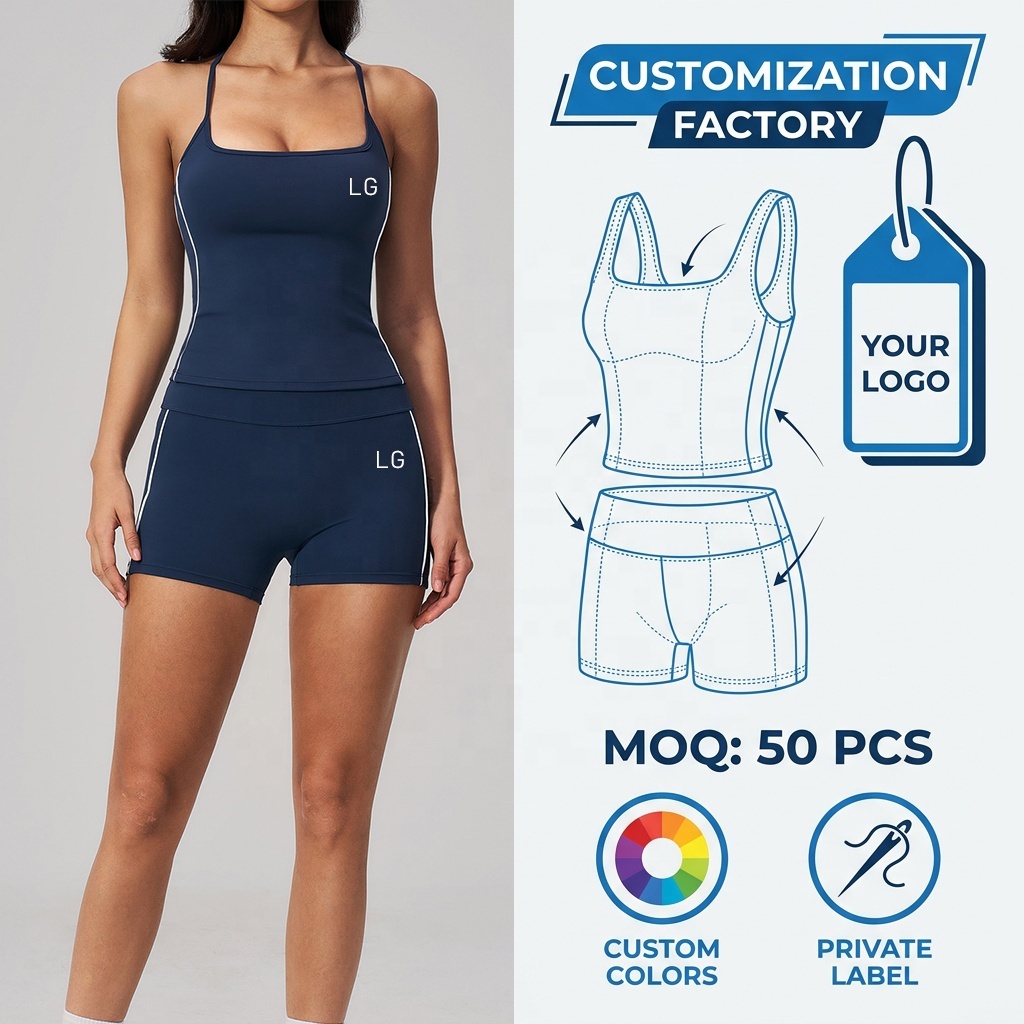 Custom Private Label Side-Stripe Yoga Set - Professional Stitched Square-Neck Camisole & Biker Shorts - 50pcs Low MOQ Factory