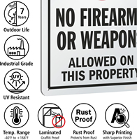 Se Prohiben Armas de Fuego o Armamentos en Esta Propiedad, Letrero Laminado Resistente a la Oxidación