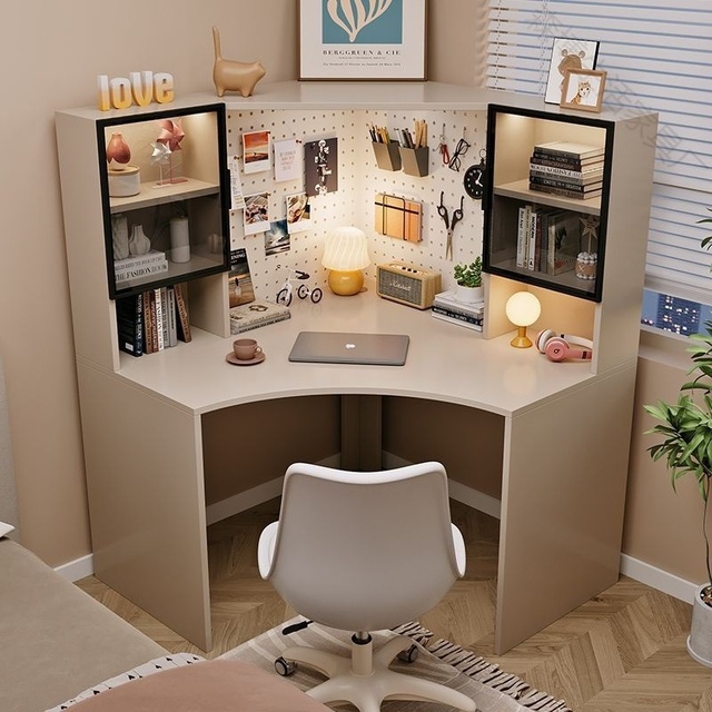 New Corner Wood Computer Desk Writing Desk Bookshelf Combination All-in-one Student Study Table Wood Surface for Home Bedroom