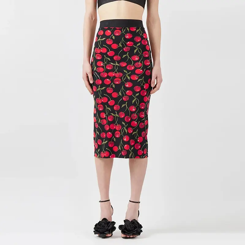 New dropshipping atacado hot fashion cereja imprime saia longa para as mulheres
