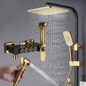 Conjunto de chuveiro luxuoso quadrado, torneira de chuveiro em latão preto e dourado para banheiro, montada na parede