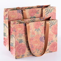 Sac cadeau en papier kraft imprimé offset de haute qualité, motif floral vintage rose, ruban personnalisable, sac fourre-tout, artisanat de bougies