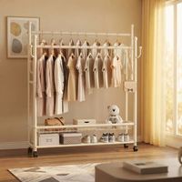 Portant à vêtements mobile moderne à double tringle avec panier de rangement en maille, sur roulettes, pour la maison et l'affichage en magasin