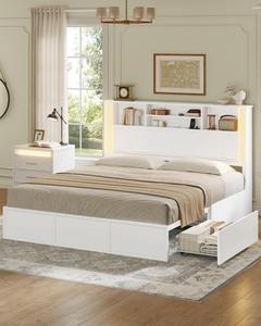 Struttura <span class=keywords><strong>Letto</strong></span> in <span class=keywords><strong>Legno</strong></span> Bianco con <span class=keywords><strong>Testiera</strong></span> Contenitore, Cassetti, Stazione di Ricarica e LED - Product Image 4