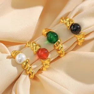 Natural Ocean Theme Multicolor Agate Rings Big White Pearl Ring Imitation Pearl Rings