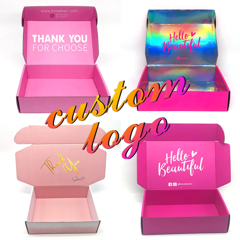 Logo Kustom Kemasan Bergelombang Karton Karton Pengiriman Kotak Mailer Pink Kosmetik Set Kosmetik Mailing Kotak Perawatan Kulit