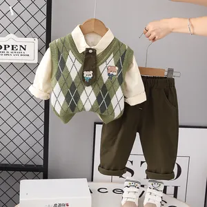 2023 Boys 3Pcs Vest Suit Preppy Style Fall Fashion Cartoon Embroidered Sweater Vest Bow Tie Long Sleeve Shirt Kids Clothes Set