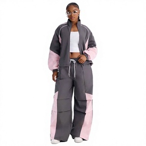 Conjunto Deportivo de Felpa para Mujer, Diseño Color Block, Chaqueta Larga y Pantalones Deportivos Holgados, Dos Piezas, Gris y Rosa - Product Image 1