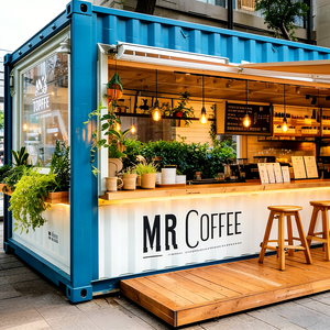 Simple Café & Roastery Featuring White Metal Stools and Linear Tiered Open Shelving Design - Product Image 6
