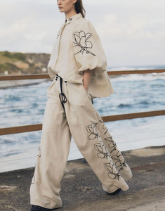 Enyami Set Coordinato <span class=keywords><strong>Donna</strong></span> 2 Pezzi Stile Bohemien per Vacanze, Casual Musulmano, con Blusa in <span class=keywords><strong>Lino</strong></span> a Stampa Floreale e Maniche a Lanterna e <span class=keywords><strong>Pantaloni</strong></span> Palazzo - Product Image 3