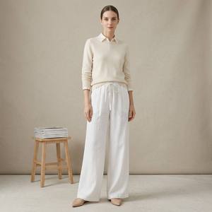 Summer Thin White Linen Wide Leg <strong>Trousers</strong> for Women Casual Style with High Waist Loose Fit <strong>Drawstring</strong> Boutique Supplier - Product Image 1