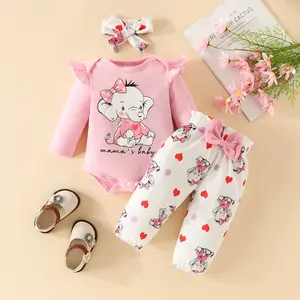European and American autumn winter long-sleeved trousers suit baby girl clothing set cartoon elephant harem bow animal