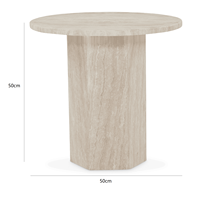 Table basse ronde élégante en travertin naturel avec base hexagonale de style nordique pour salon ou loft