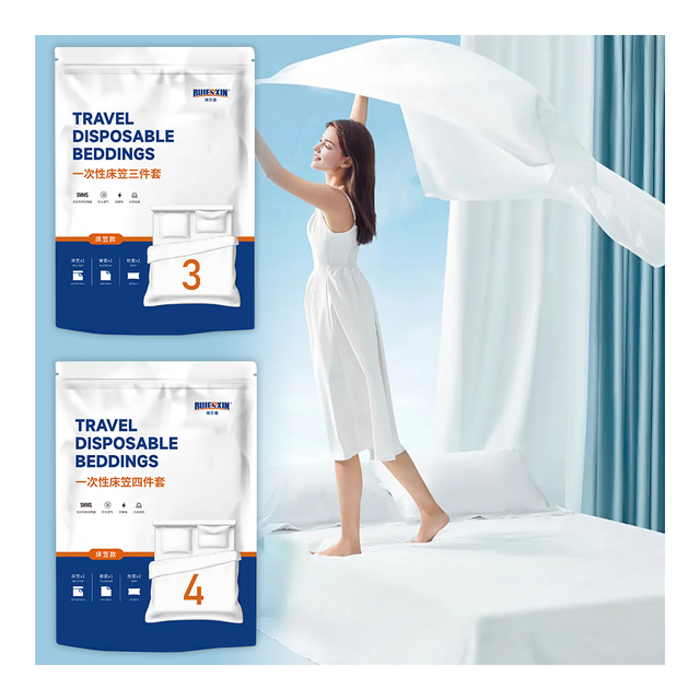 Portable Queen-Size Folded Bed Linens Kit 4PCs Disposable Sheet Quilt Cover & Pillowcase Set for Home or Travel