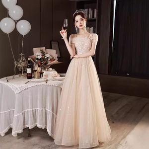 Champagne Evening Gown Square Collar A-Line Empire Waist Floral Print 3D Stereoscopic Patterns Mid Length Banquet Dress - Product Image 4