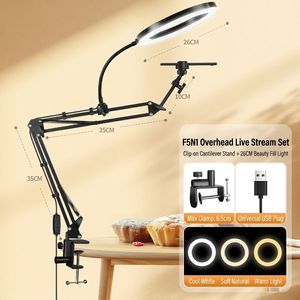Support de caméra réglable pour montage en hauteur, support de téléphone, anneau lumineux LED pour studio et selfie, avec pince de bureau et bras articulé à suspension - Product Image 3