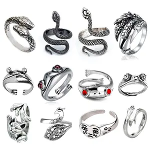 ชุดแหวนกบน่ารักแนวฮิปปี้เรโทร,แหวนปรับเปิดหน้าโชคดีแมวกอดงู