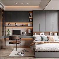 Système de dressing moderne sur mesure pour chambre à coucher avec bureau flottant intégré, éclairage LED d'ambiance et étagères de rangement ouvertes – Fabrication usine