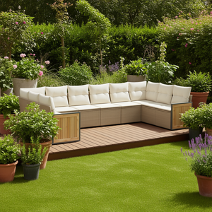 Set Divano da Giardino in Rattan PE 6 Posti Resistente alle Intemperie Arredamento da Esterno Design Contemporaneo Pannello in Teak Beige - Product Image 2