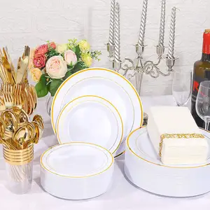 Platos de plástico desechables para fiesta de oro elegante de lujo, cuchara, cuchillo, tenedor, servilleta, juego de paja, cubiertos de boda de plata rosa