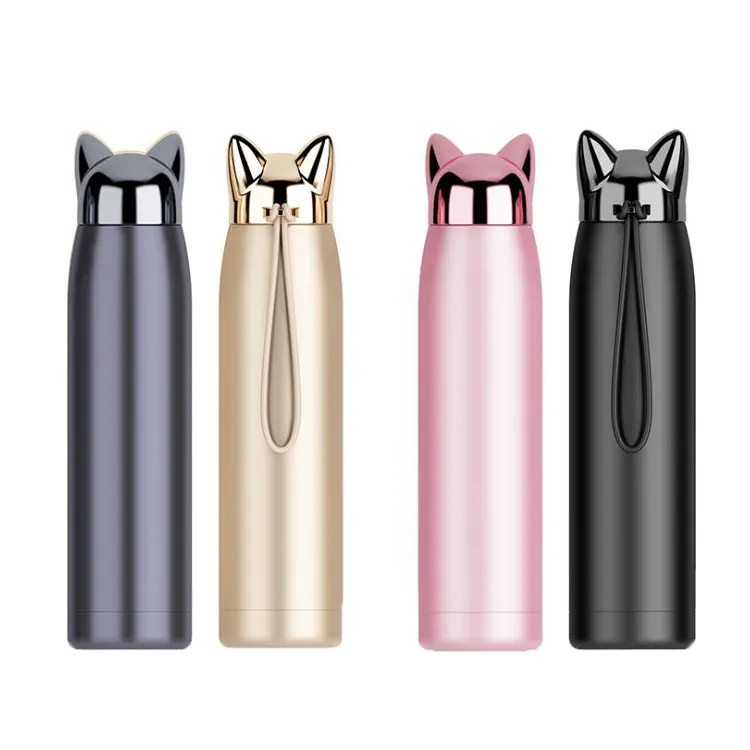 Cute Cat Ears Water Bottle Stylish Tumbler Flask, Vacuum Thermos Stainless Travel Mug