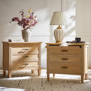 Farmhouse Nightstand Charging Station Pull-Out <strong>Tray</strong> 3 Drawers Solid Wood Legs Wood Veneer <strong>Bedside</strong> <strong>Table</strong> Open - Product Image 1