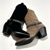 Bottes de cowboy pour femmes à bout pointu, mi-mollet, en faux daim, avec sangle décorée de strass et talon carré – Chaussures personnalisées tendance