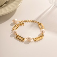 Bracelet en acier inoxydable plaqué or 18 carats avec perles d'eau douce, ensemble de bijoux tendance en métal pour femme, accessoire quotidien et de soirée