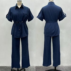 SH1047 Ensemble 2 Pièces Chemise à Manches Courtes en <span class=keywords><strong>Lin</strong></span> et <span class=keywords><strong>Pantalon</strong></span> à Cordon de Serrage Style Vintage pour <span class=keywords><strong>Femme</strong></span> - Product Image 4