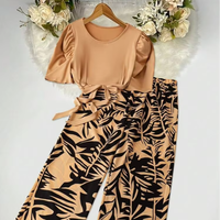 Ensemble deux pièces imprimé tropical pour femme, haut à manches bouffantes et pantalon large, tenue décontractée d'été, vente en gros personnalisée
