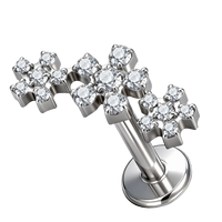 Perhiasan tindik tubuh berlapis emas dengan titanium ASTM F136 G23, 3 cluster snowflake pave CZ bulat, anting tusuk ulir dalam (internally threaded labret).