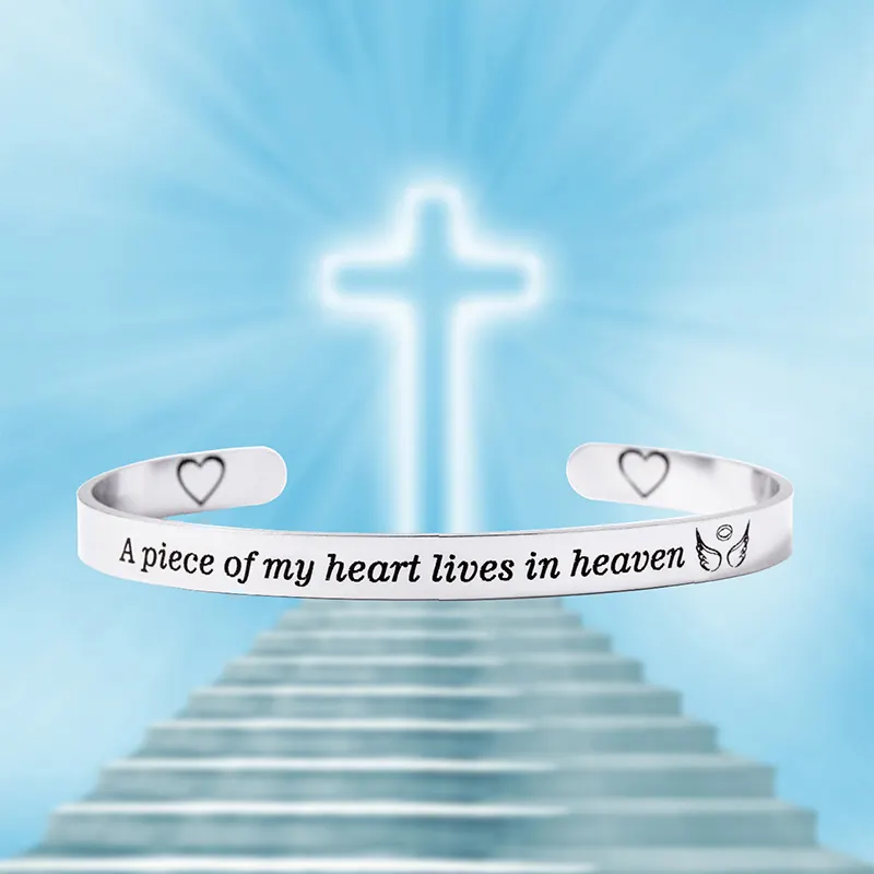 A Piece Of My Heart Lives In Heaven Cuff Bracelet Stainless Steel Angel Wings Heart Adjustable Bangle Memorial Quote Jewelry