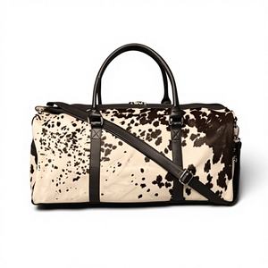 Sac de voyage en cuir véritable fait main avec fermeture éclair, sac de week-end portable en cuir de vachette à poils, LHDB-0134 - Product Image 1