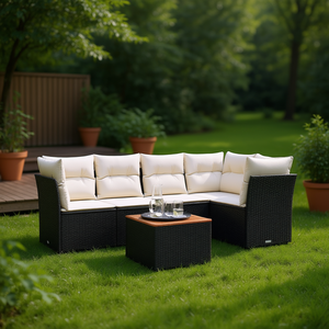 Ensemble de canapés de jardin avec coussins en rotin PE noir, mobilier d'extérieur imperméable au design contemporain - Product Image 2