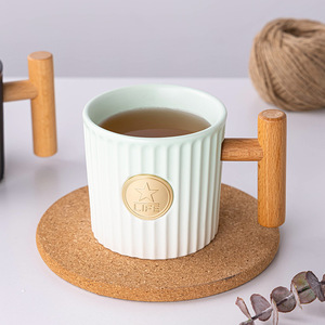 Wooden Handle Brass Medal Mug <b>Ceramic</b> <b>Cup</b> With Engraving Business Gift Solid Color Mugs For Office Use - Product Image 4